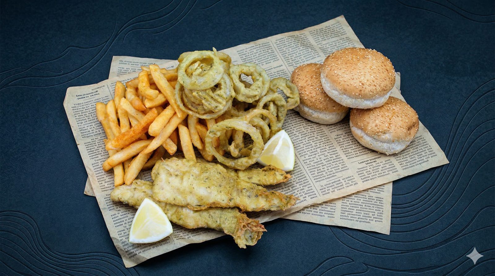 Hake, chips, onion rings and buns on Yummy Fish paper