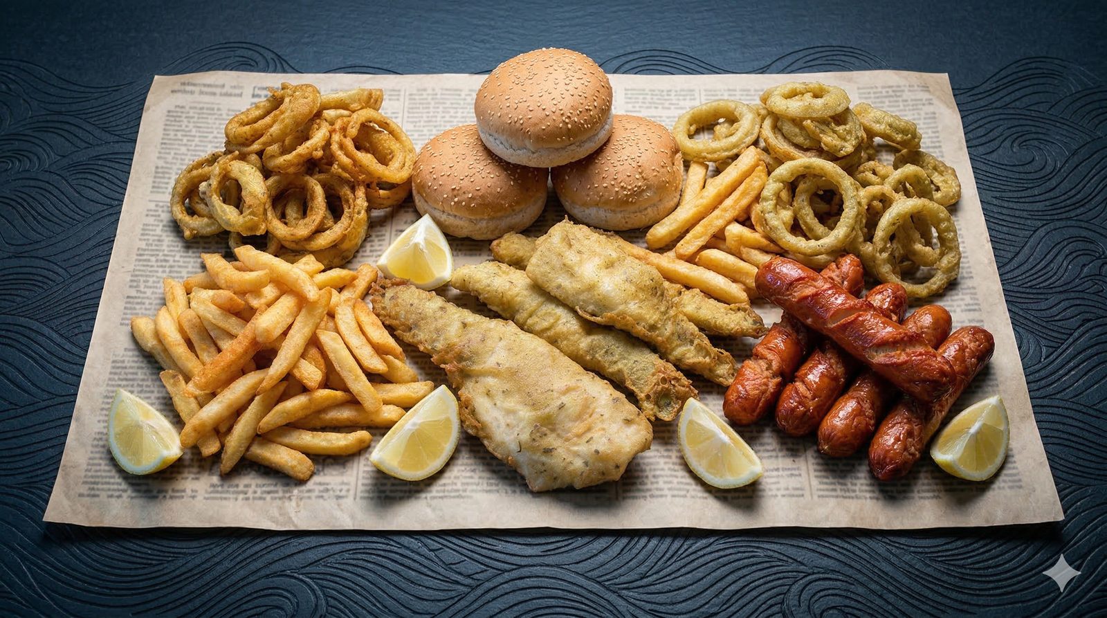 A large spread of fish, chips, Russians, burgers and onion rings