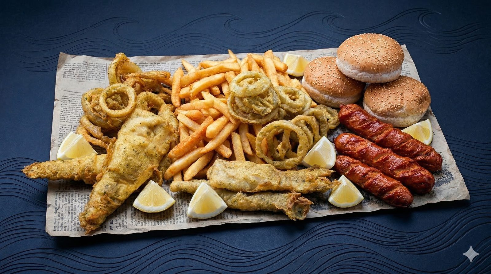 A generous Yummy Fish spread with fish, chips, burgers, onion rings and Russians